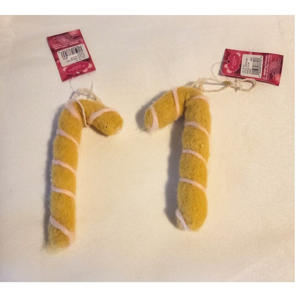 Set of 2 St Nicholas Square Wool Candy Cane Ornaments Yellow Christmas